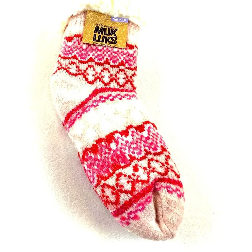 Muk Luks Fair Isle Pattern L/XL 8-10 Non-Skid Pink Petal NWT